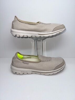 Skechers Slip-On Mesh Comfort Sneakers - Beige with Neon Lime Accent